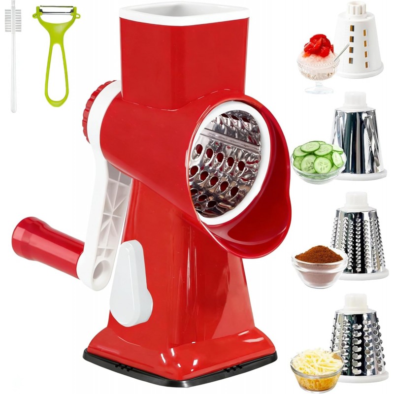 Rotary Cheese Grater with Handle, Multifunctional Kitchen tool, Stainless Steel Rotary Grater Slicer for Fruit, Vegetables, Nuts (Red)