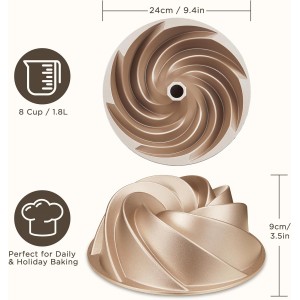 KITESSENSU Non-Stick Cake Pan, 9.5-Inch Aluminum Cake Mold, 8 Cup Fluted Heavy Duty Tube Pan, Durable Rust & Scratch-Resistant, Baking Mold for Jello, Gelatin, Chocoflan, Flan, Marissa, Gold