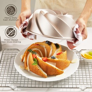 KITESSENSU Non-Stick Cake Pan, 9.5-Inch Aluminum Cake Mold, 8 Cup Fluted Heavy Duty Tube Pan, Durable Rust & Scratch-Resistant, Baking Mold for Jello, Gelatin, Chocoflan, Flan, Marissa, Gold