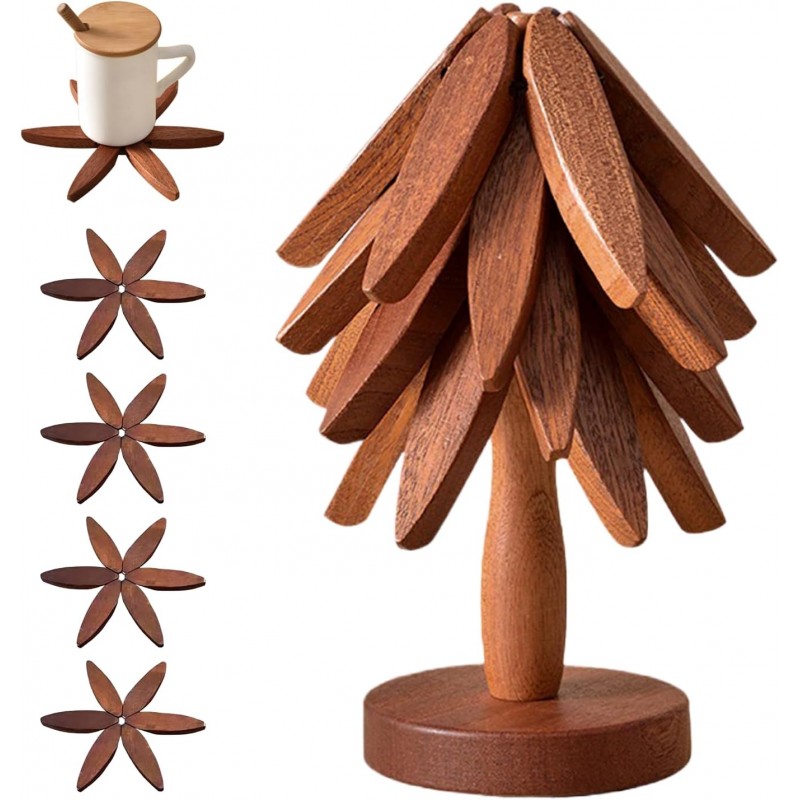 Wooden Trivets for Hot Dishes, Tree Shape Trivet Set, 4 Walnut Wood + 1 Stand stored Like a Christmas Tree,Foldable Kitchen Wooden Trivet,for Hot Dishes、Pot、Bowl、Teapot、Hot Pot Holder(Walnut Wood)
