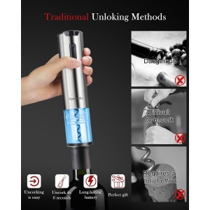 Electric Wine Opener Tomentific, Rechargeable Automatic Wine Corkscrew Bottle Opener With Foil Cutter, Type-C Charging Wine Openers With LED Light For Home Party Wedding Gifts (Stainless Steel)