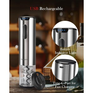 Electric Wine Opener Tomentific, Rechargeable Automatic Wine Corkscrew Bottle Opener With Foil Cutter, Type-C Charging Wine Openers With LED Light For Home Party Wedding Gifts (Stainless Steel)