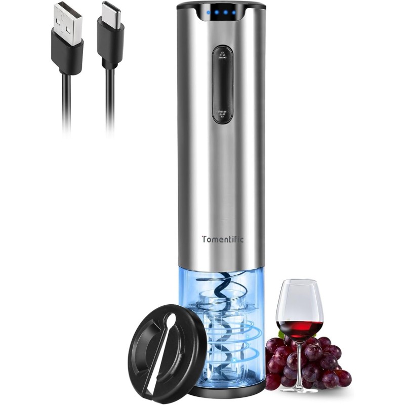 Electric Wine Opener Tomentific, Rechargeable Automatic Wine Corkscrew Bottle Opener With Foil Cutter, Type-C Charging Wine Openers With LED Light For Home Party Wedding Gifts (Stainless Steel)