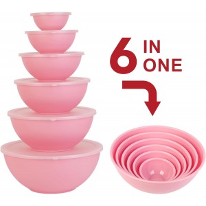 BoxedHome BPA Free Plastic Round Mixing Bowl with Lids, 12 Pack Nesting Bowls with Lids Set, Microwave and Dishwasher Safe Prep & Serving Bowls Great for Mixing, Baking, Serving (Pink, 12pcs)