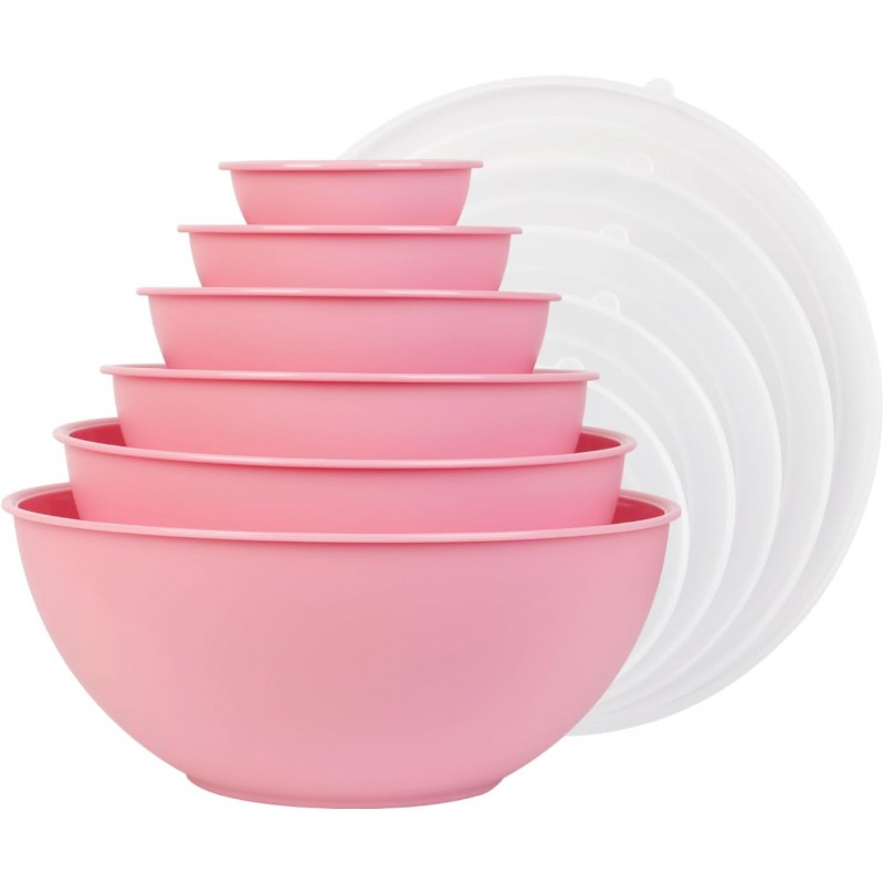 BoxedHome BPA Free Plastic Round Mixing Bowl with Lids, 12 Pack Nesting Bowls with Lids Set, Microwave and Dishwasher Safe Prep & Serving Bowls Great for Mixing, Baking, Serving (Pink, 12pcs)