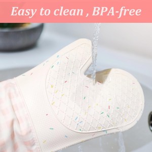 Wanheart Silicone Oven Mitts Heat Resistant, Non Slip Baking Mittens with Cotton Lining, Cute Confetti Pink Kitchen Decor for Cooking, 2-Pack