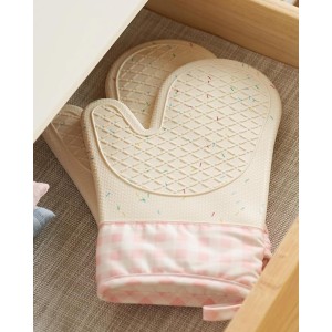 Wanheart Silicone Oven Mitts Heat Resistant, Non Slip Baking Mittens with Cotton Lining, Cute Confetti Pink Kitchen Decor for Cooking, 2-Pack