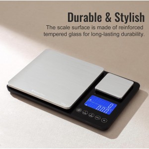 KitchenTour Dual Platform Digital Kitchen Scale with Total Weight Function - 500g/0.1g & 15kg/1g - Accurate for Cooking and Baking Black
