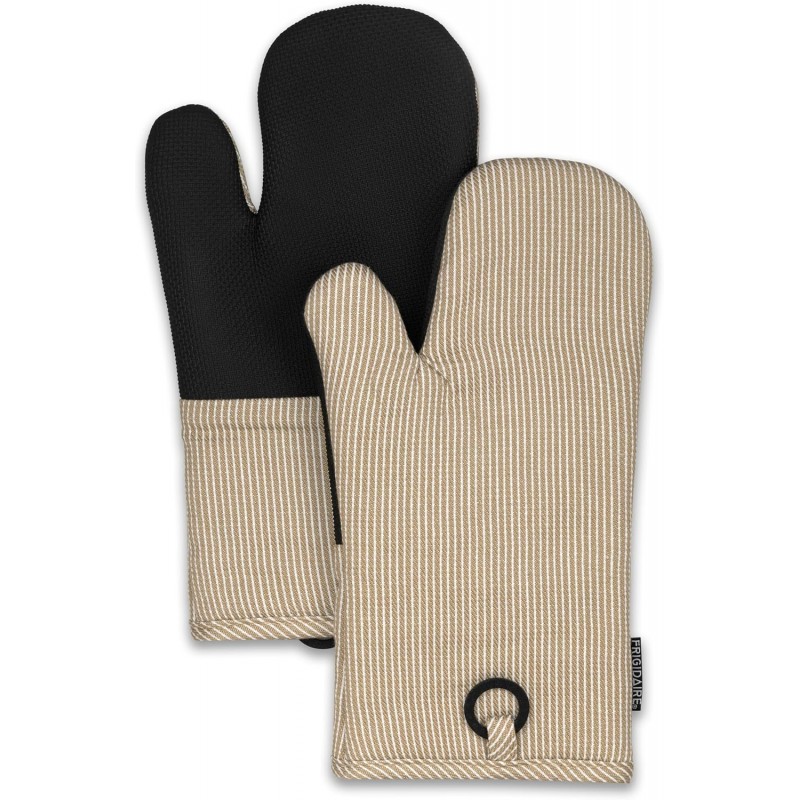 Frigidaire Layla Cotton and Neoprene Oven Mitts, Heat Resistant, Anti-Slip, Machine Washable,13”x7”,Beige,Set of 2
