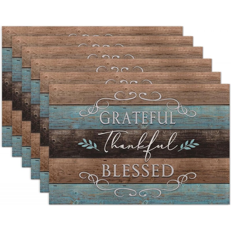 Thankful Grateful Blessed Placemats Set of 6 Place Mats for Kitchen Table Washable Farmhouse Linen Table Mats Dining Decoration 12x18 Inch
