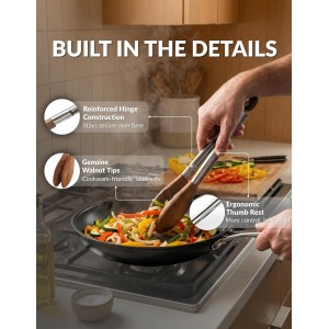 Boxiki Kitchen 9 Inch Tongs for Cooking with Wooden Tips - Nonstick Kitchen Tongs for Serving Food, Grilling, Cooking, BBQ and Tossing Salad - Made of Natural Walnut Wood