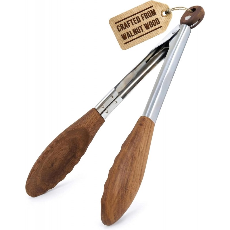 Boxiki Kitchen 9 Inch Tongs for Cooking with Wooden Tips - Nonstick Kitchen Tongs for Serving Food, Grilling, Cooking, BBQ and Tossing Salad - Made of Natural Walnut Wood