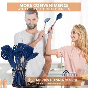 HOTEC 446°F Heat Resistant Silicone Kitchen Utensils, BPA Free Cooking Utensil Set, Spatula Set, Kitchen Gadgets, with Stainless Steel Utensils Holder, Dishwasher Safe, 14pcs Classic Blue