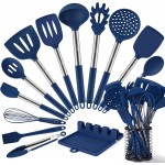HOTEC 446°F Heat Resistant Silicone Kitchen Utensils, BPA Free Cooking Utensil Set, Spatula Set, Kitchen Gadgets, with Stainless Steel Utensils Holder, Dishwasher Safe, 14pcs Classic Blue