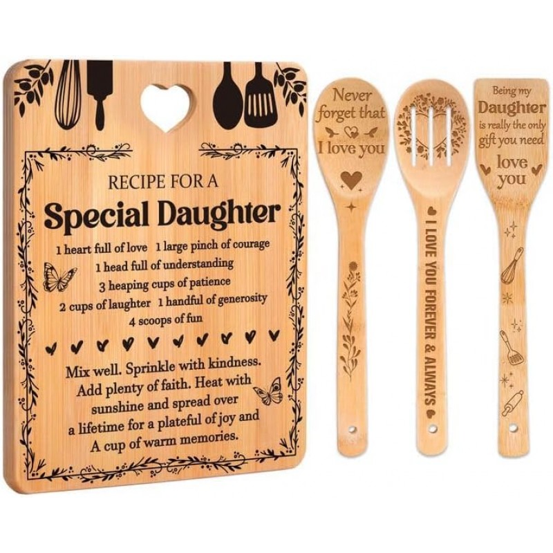 Gifts for Daughter - "Recipe for a Special Daughter" Daughter Birthday Gifts Cutting Board Set, Bamboo-Made Engraved Utensil Set Birthday Gifts for Daughter, Daughter Gifts