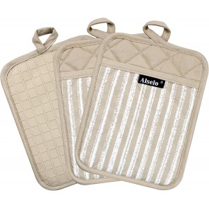 Silicone Pot Holders Set of 3 Heat Resistant & Non Slip Potholders, Professional Oven Hot Pads with Pockets Mitts for Kitchen Cooking Baking Barbecue (Khaki, 3)