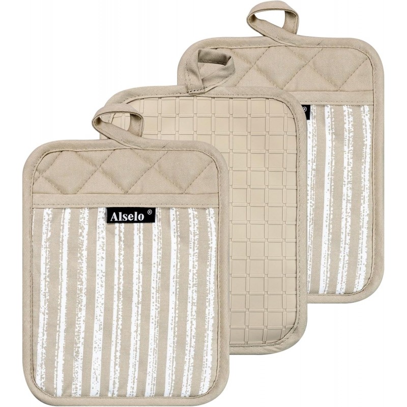 Silicone Pot Holders Set of 3 Heat Resistant & Non Slip Potholders, Professional Oven Hot Pads with Pockets Mitts for Kitchen Cooking Baking Barbecue (Khaki, 3)