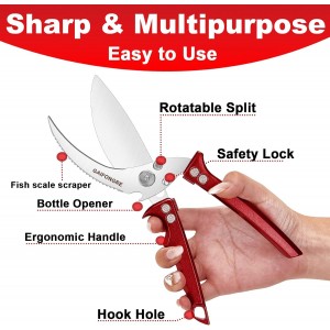 Heavy Duty Poultry Scissors - All Purpose Kitchen Shears for Chicken, Fish & Meat - Easily Separable, Dishwasher Safe (Red)