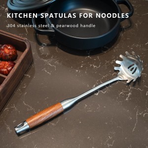 Spaghetti Spoon Stainless Steel, Metal Pasta Spoon with Teeth, Wooden Handle Pasta Fork Noodle Scoop for Cooking - 14” Spaghetti Claw Server Utensil