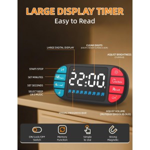 DOOMAY Digital Kitchen Visual Timer: 3.6'' Large LED Display, Magnetic, 3 Brightness, 4 Alarms and Volume, Memory Function, Countdown Count up for Cooking, Classroom, Home Gym, AAA Battery Included