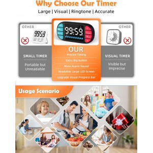 DOOMAY Digital Kitchen Visual Timer: 3.6'' Large LED Display, Magnetic, 3 Brightness, 4 Alarms and Volume, Memory Function, Countdown Count up for Cooking, Classroom, Home Gym, AAA Battery Included