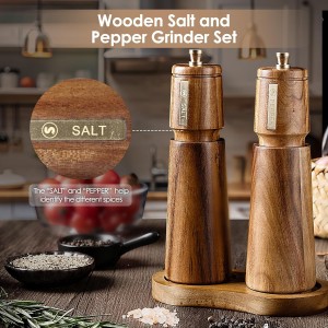 Wooden Salt and Pepper Grinder Set with Brush and Spoon, 8 Inch Manual Salt and Pepper Mill, Adjustable Coarseness, Refillable Pepper Grinder with Ceramic Core for Kitchen, Brown