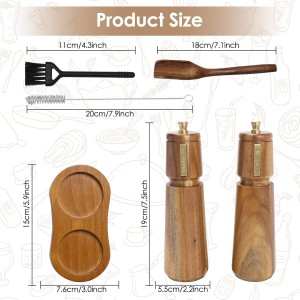 Wooden Salt and Pepper Grinder Set with Brush and Spoon, 8 Inch Manual Salt and Pepper Mill, Adjustable Coarseness, Refillable Pepper Grinder with Ceramic Core for Kitchen, Brown