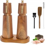Wooden Salt and Pepper Grinder Set with Brush and Spoon, 8 Inch Manual Salt and Pepper Mill, Adjustable Coarseness, Refillable Pepper Grinder with Ceramic Core for Kitchen, Brown