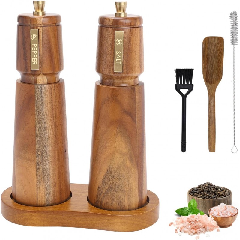 Wooden Salt and Pepper Grinder Set with Brush and Spoon, 8 Inch Manual Salt and Pepper Mill, Adjustable Coarseness, Refillable Pepper Grinder with Ceramic Core for Kitchen, Brown