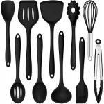 E-far 10 Pieces Silicone Cooking Utensils Set, Heat Resistant Kitchen Utensil Set for Nonstick Cookware, Kitchen Cooking Tools with Spatula, Spoon, Slotted Turner, Non-Toxic & Dishwasher Safe (Black)