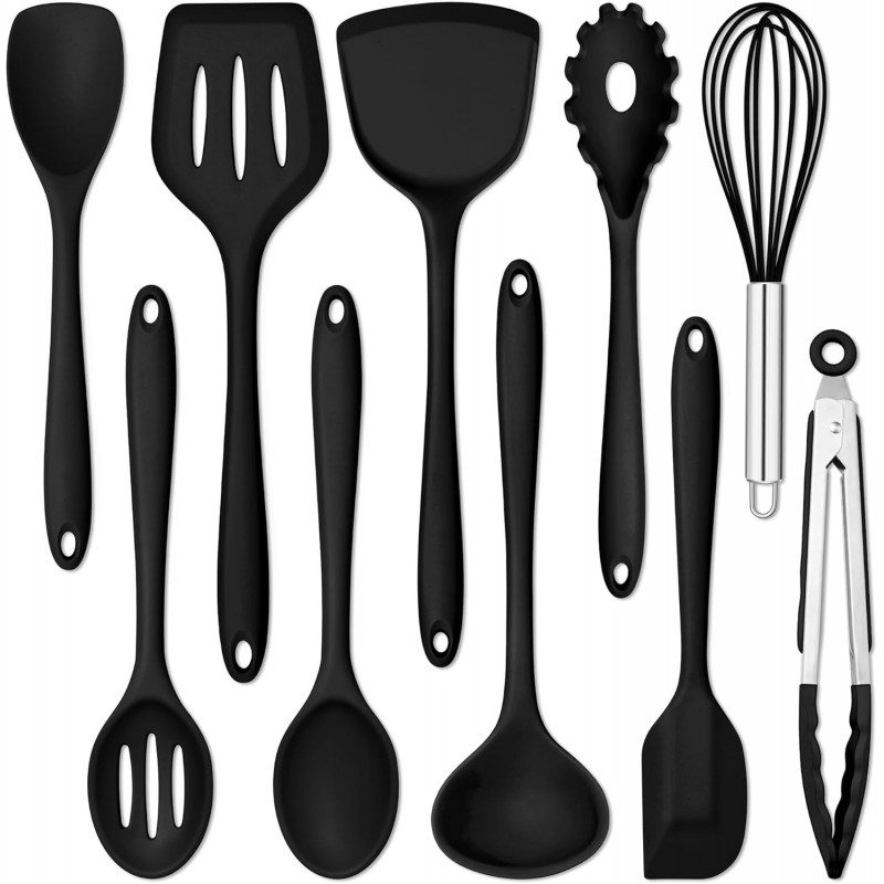 E-far 10 Pieces Silicone Cooking Utensils Set, Heat Resistant Kitchen Utensil Set for Nonstick Cookware, Kitchen Cooking Tools with Spatula, Spoon, Slotted Turner, Non-Toxic & Dishwasher Safe (Black)