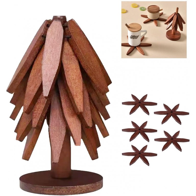 Walnut Tree Table Mat,Wooden Table Mat Tree,Foldable Trivets for Hot Dishes,Non-Slip Heat Insulated Folding Wood Table Plate Mat (Walnut)