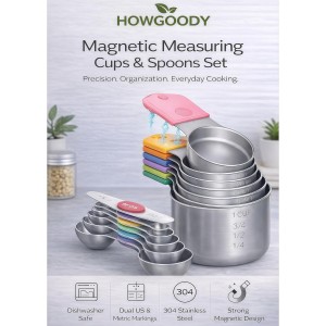 Magnetic Measuring Cups and Spoons Set304 Stainless Steel Dual Scale Set of 15, Strong N52 Magnetic Nesting Design with Leveler, for Dry&Liquid Ingredients, Dishwasher Safe(Colorful)