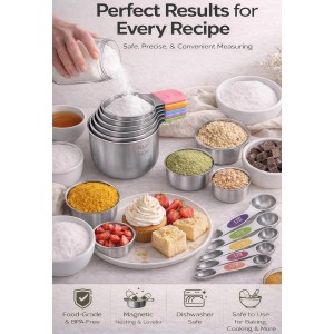 Magnetic Measuring Cups and Spoons Set304 Stainless Steel Dual Scale Set of 15, Strong N52 Magnetic Nesting Design with Leveler, for Dry&Liquid Ingredients, Dishwasher Safe(Colorful)