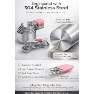 Magnetic Measuring Cups and Spoons Set304 Stainless Steel Dual Scale Set of 15, Strong N52 Magnetic Nesting Design with Leveler, for Dry&Liquid Ingredients, Dishwasher Safe(Colorful)