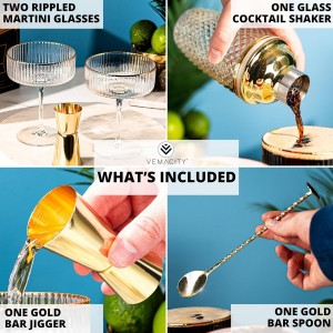 VEMACITY - Luxury Espresso Martini Gifts | Gold Cocktail Shaker Set + 2 Espresso Martini Glasses - Cocktail Kit with Built-in Strainer & Ribbed Martini Glasses (10oz) | Drink Shakers Cocktail