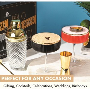 VEMACITY - Luxury Espresso Martini Gifts | Gold Cocktail Shaker Set + 2 Espresso Martini Glasses - Cocktail Kit with Built-in Strainer & Ribbed Martini Glasses (10oz) | Drink Shakers Cocktail