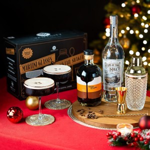 VEMACITY - Luxury Espresso Martini Gifts | Gold Cocktail Shaker Set + 2 Espresso Martini Glasses - Cocktail Kit with Built-in Strainer & Ribbed Martini Glasses (10oz) | Drink Shakers Cocktail