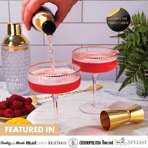 VEMACITY - Luxury Espresso Martini Gifts | Gold Cocktail Shaker Set + 2 Espresso Martini Glasses - Cocktail Kit with Built-in Strainer & Ribbed Martini Glasses (10oz) | Drink Shakers Cocktail