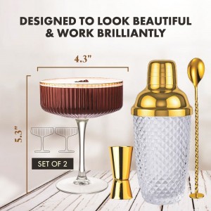 VEMACITY - Luxury Espresso Martini Gifts | Gold Cocktail Shaker Set + 2 Espresso Martini Glasses - Cocktail Kit with Built-in Strainer & Ribbed Martini Glasses (10oz) | Drink Shakers Cocktail