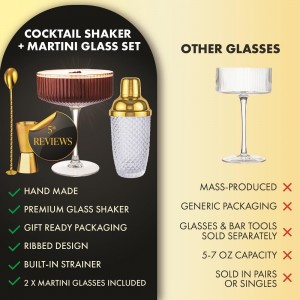 VEMACITY - Luxury Espresso Martini Gifts | Gold Cocktail Shaker Set + 2 Espresso Martini Glasses - Cocktail Kit with Built-in Strainer & Ribbed Martini Glasses (10oz) | Drink Shakers Cocktail