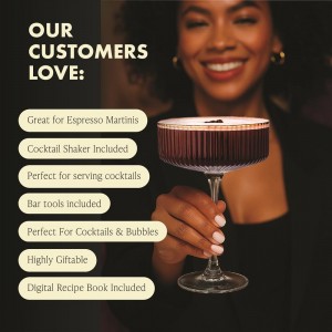 VEMACITY - Luxury Espresso Martini Gifts | Gold Cocktail Shaker Set + 2 Espresso Martini Glasses - Cocktail Kit with Built-in Strainer & Ribbed Martini Glasses (10oz) | Drink Shakers Cocktail