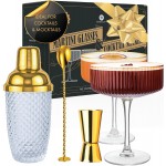 VEMACITY - Luxury Espresso Martini Gifts | Gold Cocktail Shaker Set + 2 Espresso Martini Glasses - Cocktail Kit with Built-in Strainer & Ribbed Martini Glasses (10oz) | Drink Shakers Cocktail