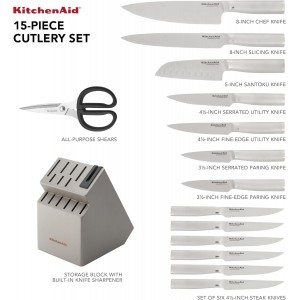 KitchenAid Gourmet Knife Block Set with Built-in Sharpener, 15-Piece, Stainless Steel