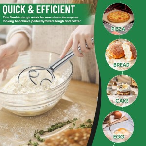 Danish Dough Whisk Stainless Steel Hook Dutch Bread Mixer Hand Tool for Sourdough Baking Making Blending Pastry Pizza
