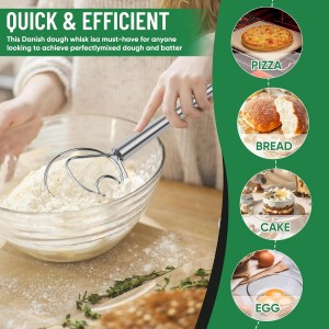 Danish Dough Whisk Stainless Steel Hook Dutch Bread Mixer Hand Tool for Sourdough Baking Making Blending Pastry Pizza