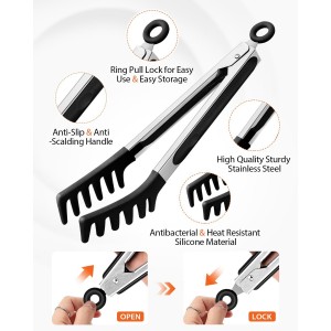 Silicone Spaghetti Spoon & Pasta Tong, Non-Stick Stainless Steel Handle Pasta Fork Set with Teeth, Food Clip for Easy Serving of Noodles (Black)