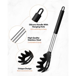 Silicone Spaghetti Spoon & Pasta Tong, Non-Stick Stainless Steel Handle Pasta Fork Set with Teeth, Food Clip for Easy Serving of Noodles (Black)