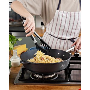 Silicone Spaghetti Spoon & Pasta Tong, Non-Stick Stainless Steel Handle Pasta Fork Set with Teeth, Food Clip for Easy Serving of Noodles (Black)