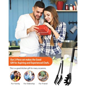 Silicone Spaghetti Spoon & Pasta Tong, Non-Stick Stainless Steel Handle Pasta Fork Set with Teeth, Food Clip for Easy Serving of Noodles (Black)